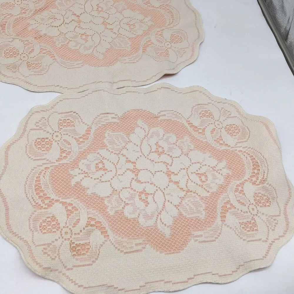 Vtg Oxford House white Lace over Peach Placemats Rose andBows  Set Of 4 READ